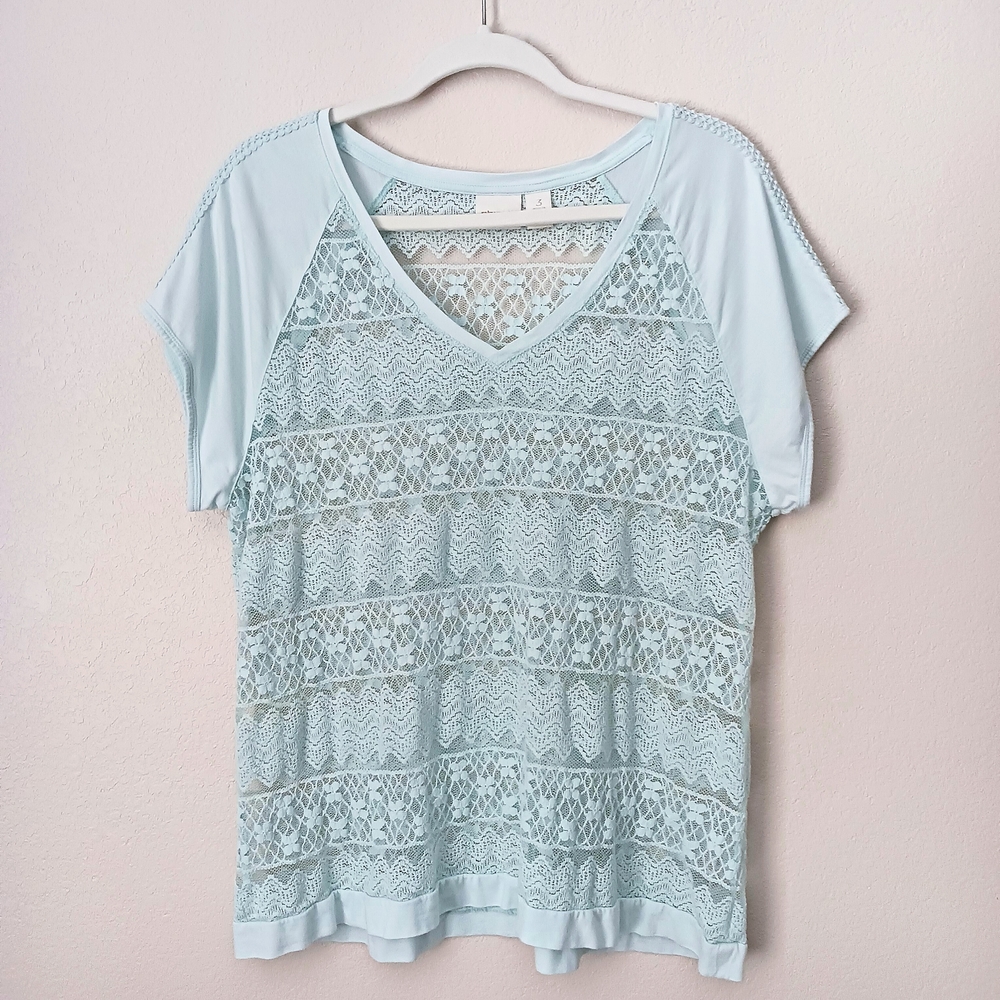 Chico's XL Pieced Lace Top V Neck Floral Sheer Shirt Cotton Modal Blend